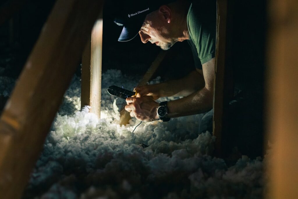 A worker installs insulation material in an attic, wearing protective clothing and using specialized equipment.